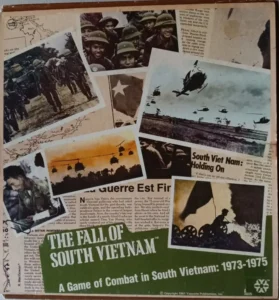 A collage of newspaper clippings and photographs related to the Vietnam War with headlines such as "South Viet Nam: Holding On" and "THE FALL OF SOUTH VIETNAM." The images include photographs of soldiers, helicopters, and maps, capturing scenes from the conflict.