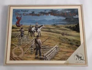 Board game cover art depicting a Civil War scene with soldiers on horseback carrying a Confederate flag, and troops constructing a wooden fence, titled "John Prados' The Campaigns of Robert E. Lee," with a 125th Anniversary mark, placed on a white surface.