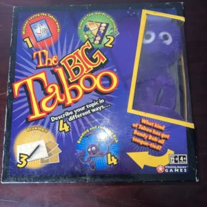 Box cover for "The Big Taboo" board game with vivid colors featuring various game elements and a cartoon character, indicating gameplay involves drawing, betting, and describing topics. The game is for ages 12 and up, suitable for 4 or more players, from Winning Moves Games.