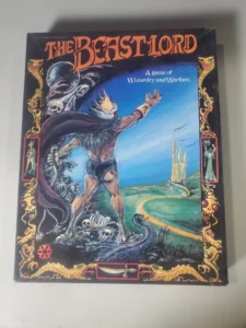 The image shows the cover of a board game titled "THE BEASTLORD," described as "A game of Wizardry and Warfare." The cover art features a muscular beast-like creature with horns and a cape, standing in a dark, eerie landscape with a cast spells with skulls and a black serpentine creature nearby. A winding path leads to a distant castle, and the borders are decorated with fantasy-themed illustrations including dragons and magical symbols.