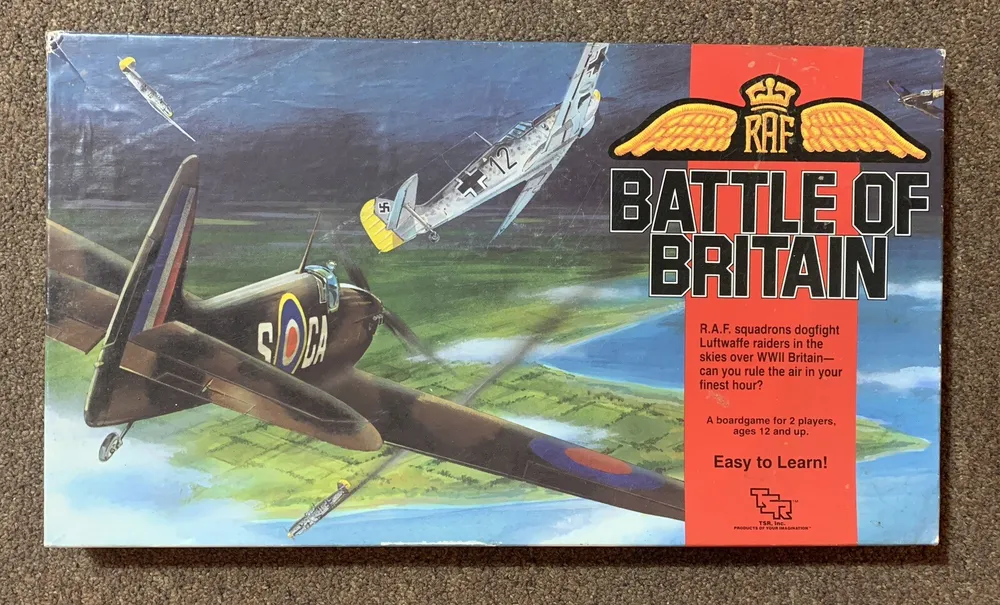 A board game titled "RAF Battle of Britain" with an illustration of WWII aircraft in aerial combat on the cover, advertised for 2 players, ages 12 and up, and noted as "Easy to Learn!"