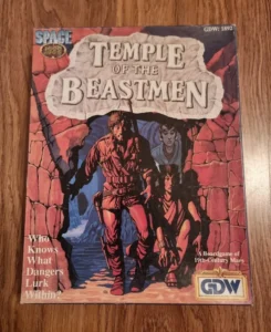 A vintage "Space: 1889 - Temple of the Beastmen" board game box cover featuring three illustrated characters in an otherworldly temple setting with cracked walls, alongside the text "Who Knows What Dangers Lurk Within?" and "A Boardgame of 19th-Century Mars." The game is published by GDW (Game Designers' Workshop).
