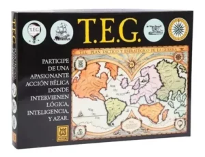 A boxed board game called "T.E.G." featuring a map and various symbols, indicating a strategic war game. Text on the box is in Spanish, highlighting tactical and strategic gameplay elements.