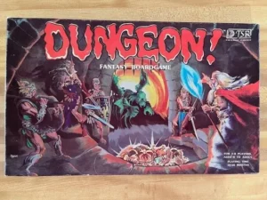 Board game cover for "DUNGEON! Fantasy Boardgame" featuring a group of fantasy characters like a wizard and a warrior confronting monsters, with the game's title in large stylized red letters.