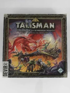 A boxed board game titled "Talisman: El Juego De La Búsqueda Mágica 4ª Edición Revisada" displayed on a white background, featuring a fantasy-themed illustration with a dragon and various adventurers on the cover. The Devir logo and text indicating it is for 2 to 6 players are also visible.