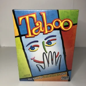 A boxed board game titled "Taboo" set on a white surface with colorful graphics and the text "The Game of UNSPEAKABLE FUN!" for ages 12 and up, 4 or more players, by Parker Brothers.