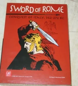 Board game cover titled "SWORD OF ROME" with a stylized illustration of a Roman soldier in profile holding a sword, with the subtitle "Conquest of Italy, 362-272 BC" and the GMT Games logo at the bottom.