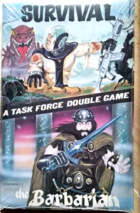 Cover of "Survival: A Task Force Double Game" featuring an illustrated spaceman being menaced by a dinosaur to the left and a warrior, labeled "The Barbarian," with a sword and lightning in the background to the right.