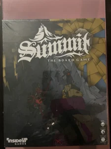 A board game box titled "Summoner's The Board Game" by Inside Up Games, featuring stylized fantasy artwork with characters and a fractured, geometric background. The game is for players aged 14+, and the estimated playtime is 30-90 minutes.