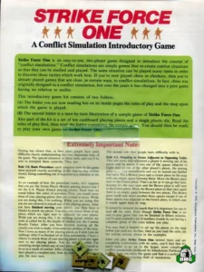 Image of a cover for "Strike Force One," a conflict simulation introductory game. The top text is styled to imitate a military stencil font. Below this, there are sections of text describing the game as an easy-to-use, two-player game designed to introduce conflict simulations, with further explanations of the game's content and rules, highlighted sections marked as "Extremely Important Note," and references to the folders included in the game kit. The background is white with several orange silhouettes of soldiers, and the footer includes various copyrights and logos.