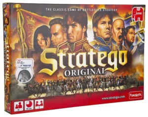 Box cover for "Stratego Original", the classic game of battlefield strategy, featuring illustrated medieval-themed characters and cavalry in battle, with logos and age recommendation.