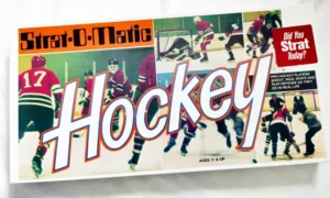 A vintage Strat-O-Matic Hockey board game cover featuring action-packed illustrations of hockey players on the ice, with bold lettering and a red corner tagline that reads "Did You Strat Today?" indicating recommended for ages 11 and up.