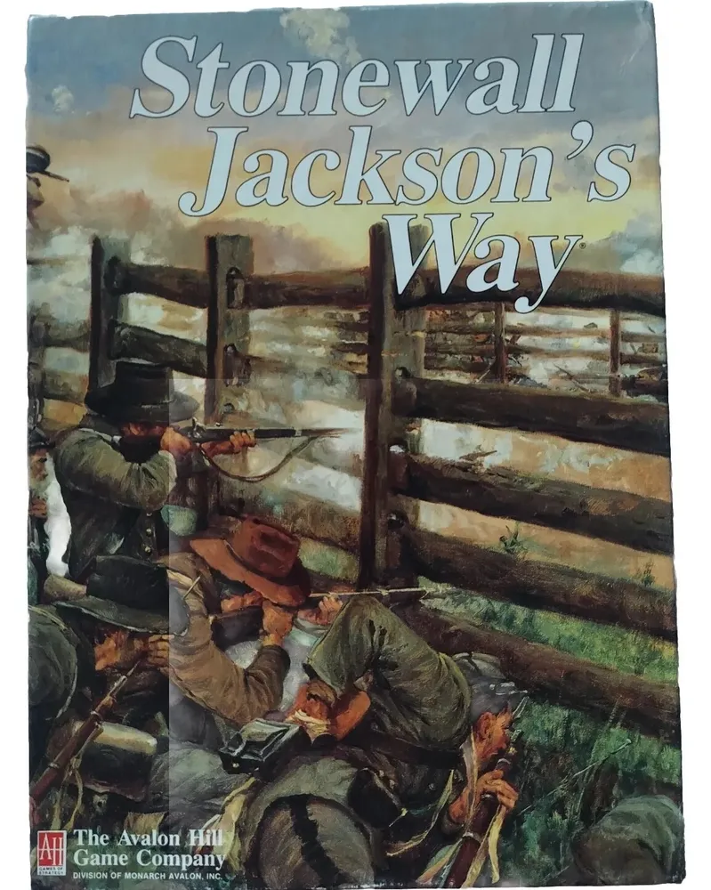 Cover of "Stonewall Jackson's Way" board game, showing Civil War soldiers in combat by a wooden fence, with the Avalon Hill Game Company logo at the bottom.