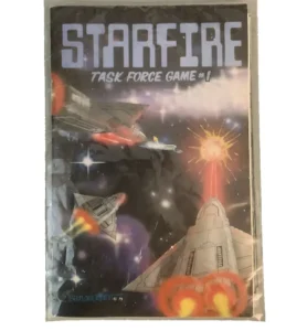 Alt text: The image features the cover of "STARFIRE TASK FORCE GAME #1," depicting a space battle scene with several spaceships, explosions, and a colorful nebula in the background. The art is signed by "BELLFLOWER '79."