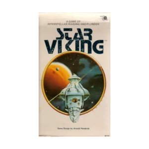 Alt text: Box cover of "Star Viking," a board game featuring a spaceship in the foreground with a planet and its moon in the background within a circular frame, and the text "A GAME OF INTERSTELLAR RAIDING AND PLUNDER" above the title, with "Game Design by Arnold Hendrick" at the bottom.