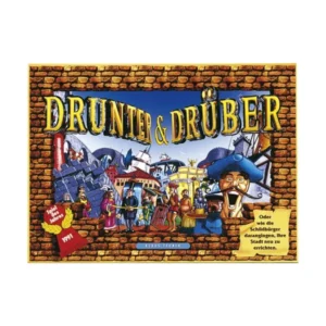 Box cover art for the board game "Drunter & Drüber" featuring colorful cartoon characters in an old European town setting, with brick borders and the game's title prominently displayed in the center.