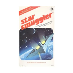"Cover of 'Star Smuggler,' a solitaire board game, featuring a spaceship over a planet with a starry space background. Text indicates it's a programmed adventure for one player, designed by Dennis Sustare, for ages 12 and up."