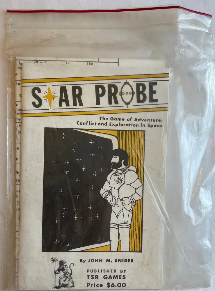 Vintage "Star Probe" tabletop game manual by John M. Snider, published by TSR Games, priced at $6.00, featuring a graphic of a space explorer in a spacesuit next to a starry background, enclosed in a protective plastic sleeve.