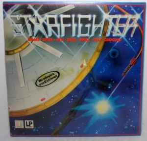 A board game box with the title "STARFIGHTER" displayed in a stylized font at the top with a cosmic background featuring a starship, stars, and a bright explosion. The box includes text in multiple languages indicating it's a game and a sticker with text in Greek. The logo of UP Games is in the bottom left corner.
