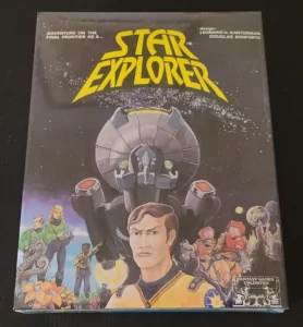 "Star Explorer" board game cover featuring a large spaceship, a group of space adventurers with equipment, and a stylized title against a starry space background.
