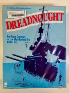 Box cover of "DREADNOUGHT: An Historical Simulation Game," featuring a stylized graphic of a battleship with the title in large red letters, indicating that the game focuses on surface combat in the battleship era from 1906-45, published by Simulations Publications, Inc.