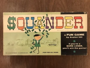 Vintage "SQUANDER" board game box by Avalon Hill featuring colorful letters, a character throwing money, and the tagline "if you're a BORN LOSER, you'll win the game!" against a cityscape backdrop.