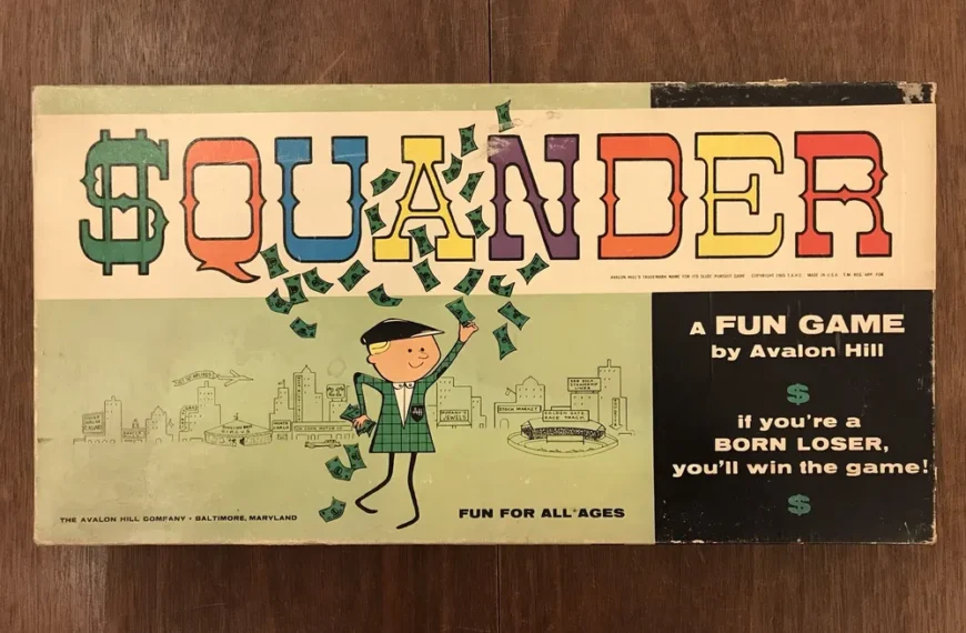 Vintage "SQUANDER" board game box by Avalon Hill featuring colorful letters, a character throwing money, and the tagline "if you're a BORN LOSER, you'll win the game!" against a cityscape backdrop.