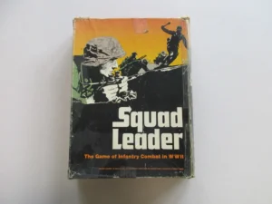 A worn-out board game box for "Squad Leader, The Game of Infantry Combat in WWII," featuring stylized illustrations of soldiers in combat.
