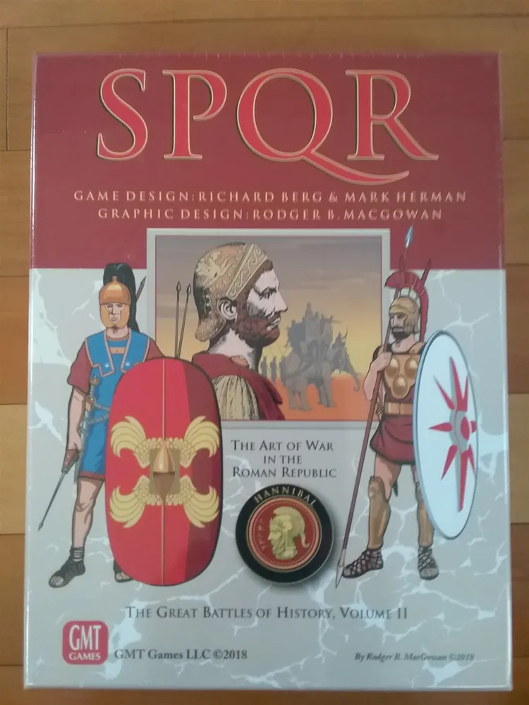 Board game "SPQR" cover with illustrations of Roman soldiers, the title in bold letters, and credits for game and graphic design.