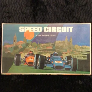 Vintage "Speed Circuit - A 3M Sports Game" board game box featuring artwork of two racing cars on a track with a Mediterranean landscape and architecture in the background.