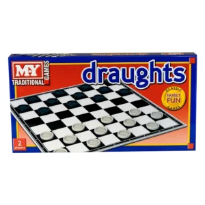 A boxed board game of "Draughts" by MY Traditional Games, showing a checkered game board with black and white squares, and blue and white game pieces. The box highlights the game as a "Classic Family Fun Game" for "2 players."