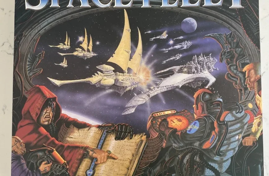 "Board game cover titled 'SPACE-FLEET' featuring artwork of futuristic spaceships in battle, with robed figures in the foreground, one pointing at an open book, and another holding a spaceship control yoke, with the tagline 'MIGHTY SPACESHIPS IN GALACTIC COMBAT' for 2-4 players aged 8 to adult."