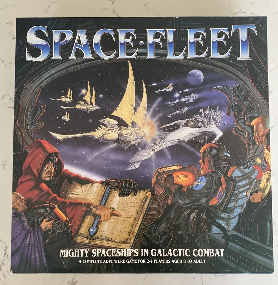 "Board game cover titled 'SPACE-FLEET' featuring artwork of futuristic spaceships in battle, with robed figures in the foreground, one pointing at an open book, and another holding a spaceship control yoke, with the tagline 'MIGHTY SPACESHIPS IN GALACTIC COMBAT' for 2-4 players aged 8 to adult."