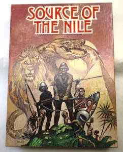 "Board game cover titled 'Source of the Nile' depicting a stylized African exploration scene with explorers, a lion, a large snake, and indigenous figures against a jungle backdrop, with 'Avalon Hill's trademark name for its African exploration game' mentioned at the top."