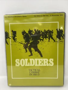 Board game cover titled "SOLDIERS" with subtitle "Tactical Combat in 1914-15," featuring a silhouette image of soldiers in combat, and text indicating it is an historical simulation game set at 1100 hrs., 11 November 1914.