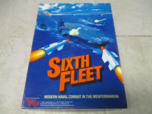 Board game cover titled "SIXTH FLEET" depicting modern naval combat in the Mediterranean with illustrations of warships and missiles at sea.