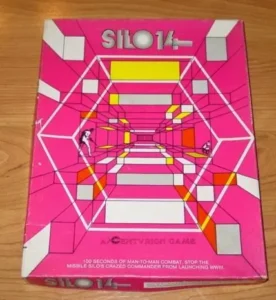 A vintage "SILO 14" board game box with bold pink and yellow geometric designs on the cover, featuring a perspective drawing of a missile silo corridor and miniature figures at the corners.
