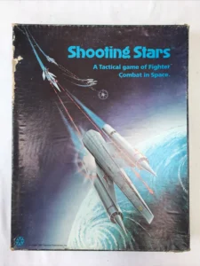 Alt text: Cover of the board game "Shooting Stars," showing artwork of a space fighter jet engaged in combat, with trailing missile streaks and an illustrated planet in the background. Text reads "A Tactical game of Fighter Combat in Space." There is a logo in the bottom left corner indicating it's by Yaquinto Publications from 1980.