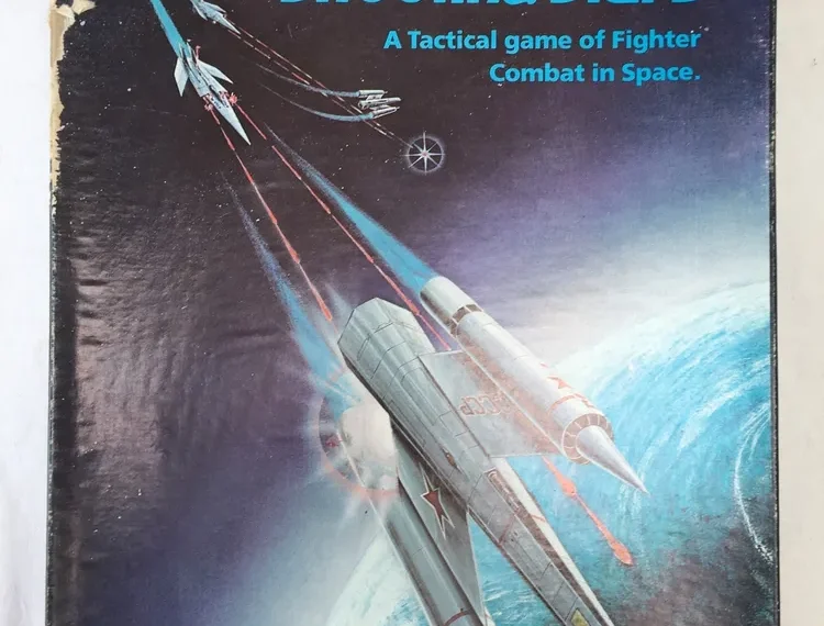 Alt text: Cover of the board game "Shooting Stars," showing artwork of a space fighter jet engaged in combat, with trailing missile streaks and an illustrated planet in the background. Text reads "A Tactical game of Fighter Combat in Space." There is a logo in the bottom left corner indicating it's by Yaquinto Publications from 1980.