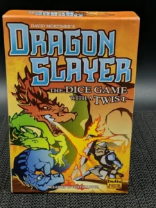 Box cover of "Dragon Slayer: The Dice Game with a Twist" featuring illustrated dragons, a knight, and text that reads "includes 12 custom dice" from Indie Boards & Cards.