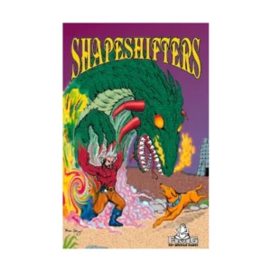 An illustrated comic book cover titled "SHAPESHIFTERS" featuring a person and a dog reacting to a large, menacing green creature with red tentacles, fiery breath, and sharp teeth, set against a purple background.