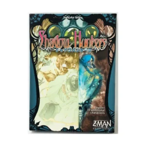A boxed board game titled "Shadow Hunters" by Yasutaka Ikeda, featuring stylized artwork with fantasy characters in vivid colors, and a note on the bottom saying "Includes 10 additional characters" by Z-MAN games.