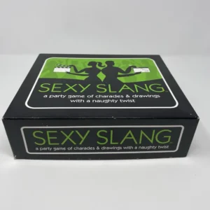 A game box for "SEXY SLANG," described as a party game of charades & drawings with a naughty twist. The box is black with green accents and white text, featuring silhouetted figures on the lid.