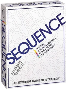Boxed board game called Sequence, with text describing it as "An exciting game of strategy," and phrases like "It's fun," "It's challenging," and "It's exciting" around the title. The game is recommended for ages 7 and up and for 2-12 players.