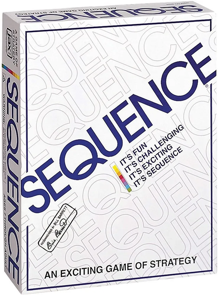 Boxed board game called Sequence, with text describing it as "An exciting game of strategy," and phrases like "It's fun," "It's challenging," and "It's exciting" around the title. The game is recommended for ages 7 and up and for 2-12 players.