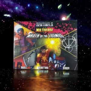 A "Sentinels of the Multiverse: Wrath of the Cosmos" board game box is displayed with illustrations of three superhero characters and a cosmic background featuring stars and galaxies.
