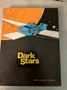 Cover of a "Dark Stars" board game by Simulations Canada, featuring a stylized spaceship against an orange planet and starry space background.