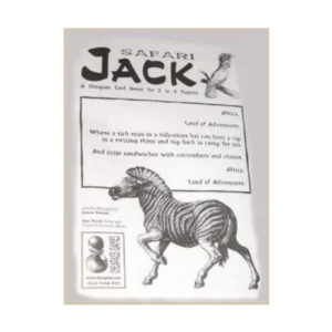 An image of a game flyer or advertisement for "Safari Jack," which is described as a cheapass card game for 2 to 4 players. It features black and white illustrations of a parrot on the top right and a zebra at the bottom. Text on the flyer includes phrases like "Land of Adventure, Africa," and "Where a rich man in a ridiculous hat can turn a cap into a rutting rhino and nip back to camp for tea. And little sandwiches with cucumbers and cheese. Africa." Contact information and a website link are also shown at the bottom.