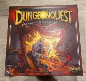 A board game box titled "DungeonQuest" with the subtitle "Dare you face the Dragon's Challenge?" featuring artwork of a dragon breathing fire and a figure brandishing a sword in a cave-like setting. It's designed by Jakob Bonds for 1-4 players and is part of the Runebound Universe. The game publisher's logo is visible in the bottom left corner.
