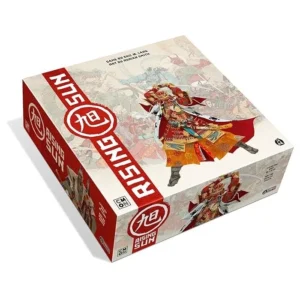 A Rising Sun board game box featuring artistic depictions of Japanese samurai and mythical figures on a beige background with red and white accents. The game's logo is prominently displayed.